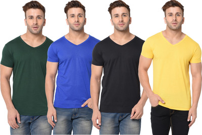 Jangoboy Solid Men V Neck Dark Blue, Dark Green, Black, Yellow T-Shirt
