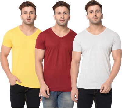 Jangoboy Self Design, Solid Men V Neck Maroon, Grey, Yellow T-Shirt