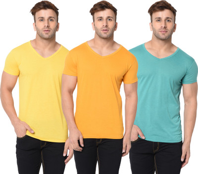 Adorbs Solid Men V Neck Yellow, Light Green T-Shirt