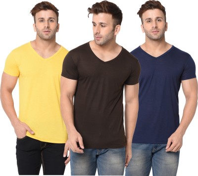 Jangoboy Solid Men V Neck Dark Blue, Brown, Yellow T-Shirt