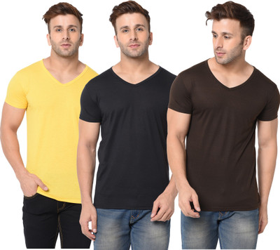 Jangoboy Solid Men V Neck Brown, Black, Yellow T-Shirt