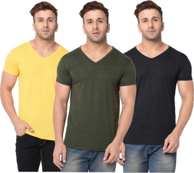 Jangoboy Self Design, Solid Men V Neck Dark Green, Black, Yellow T-Shirt