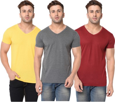 Jangoboy Solid Men V Neck Maroon, Grey, Yellow T-Shirt