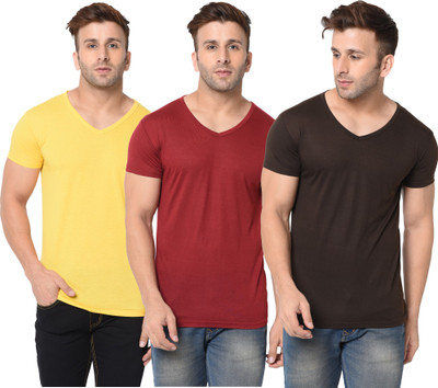 Adorbs Solid Men V Neck Maroon, Brown, Yellow T-Shirt