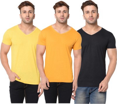 Jangoboy Solid Men V Neck Black, Yellow T-Shirt