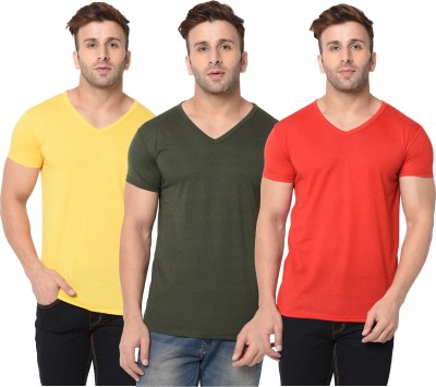 Adorbs Solid Men V Neck Dark Green, Red, Yellow T-Shirt