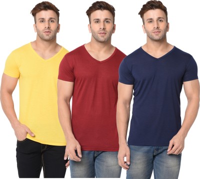 Jangoboy Solid Men V Neck Dark Blue, Maroon, Yellow T-Shirt