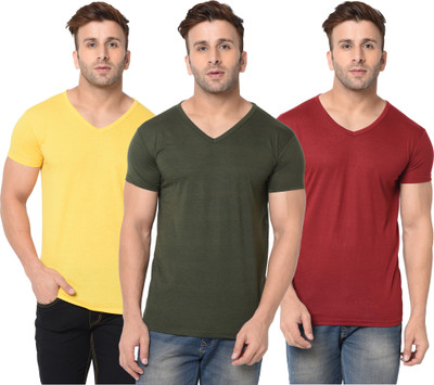 Jangoboy Solid Men V Neck Dark Green, Maroon, Yellow T-Shirt