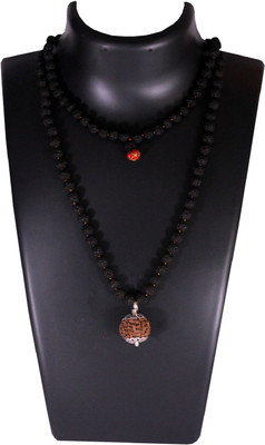SHIVOHAM 10 Mukhi Guru Mani / Bead (5 Mukhi Black Rudraksha Mala) Silver Cap Wood Necklace