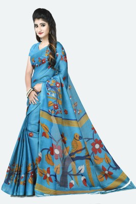 Grubstaker Printed Bhagalpuri Silk Blend Saree(Blue)