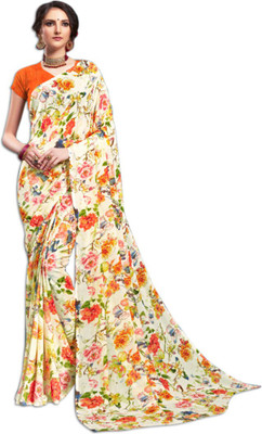 Mermaid Ocean Printed Daily Wear Georgette Saree(Beige)