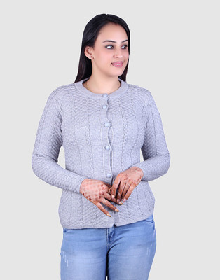 Ogarti Self Design Round Neck Casual Women Grey Sweater