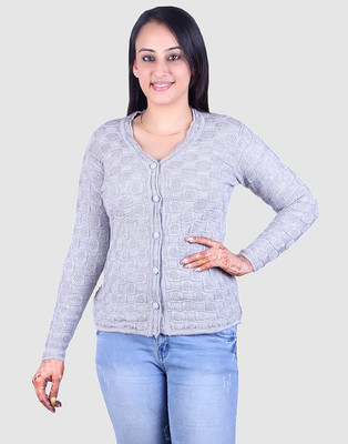 Ogarti Self Design V Neck Casual Women Grey Sweater