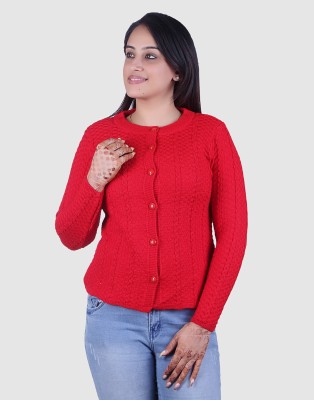 Ogarti Self Design Round Neck Casual Women Red Sweater
