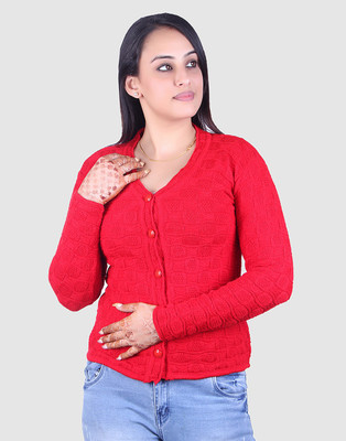 Ogarti Self Design V Neck Casual Women Red Sweater