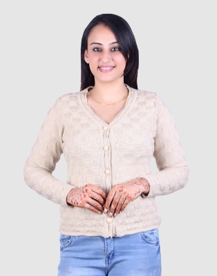 Ogarti Self Design V Neck Casual Women Beige Sweater