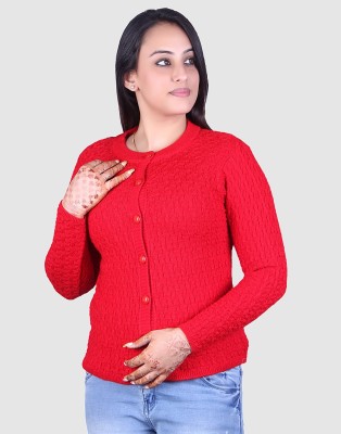 Ogarti Self Design Round Neck Casual Women Red Sweater