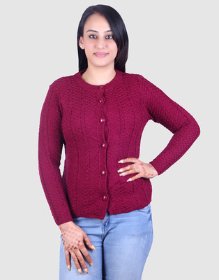 Ogarti Self Design Round Neck Casual Women Purple Sweater