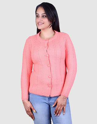 Ogarti Self Design Round Neck Casual Women Pink Sweater