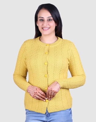 Ogarti Self Design Round Neck Casual Women Yellow Sweater