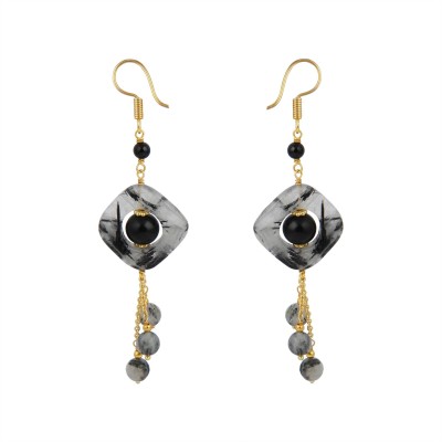 Pearlz Ocean Black Onyx, Black Rutilated & Glass Beads Drop Danglers Hook Clasp 3 Inches Earrings For Girls & Women Alloy Drops & Danglers