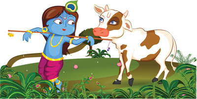 god & god's 60 cm Krishna With Cow 446 Self Adhesive Sticker(Pack of 1)
