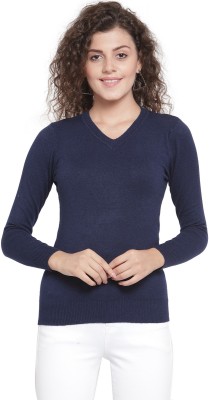 GLOBAL REPUBLIC Solid V Neck Casual Women Blue Sweater