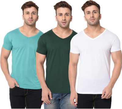 Jangoboy Solid Men V Neck Dark Green, White, Light Green T-Shirt