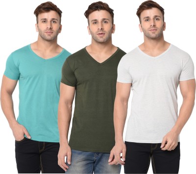 Adorbs Self Design, Solid Men V Neck Dark Green, Light Blue, Grey T-Shirt