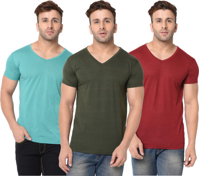 Adorbs Solid Men V Neck Dark Green, Maroon, Light Green T-Shirt