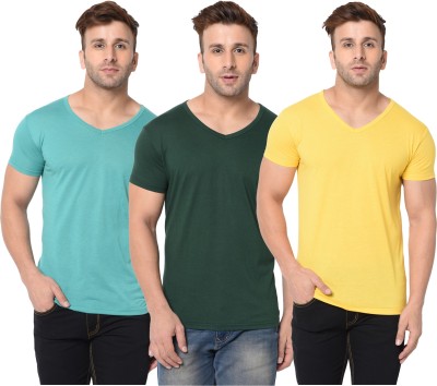 Jangoboy Solid Men V Neck Dark Green, Light Green, Yellow T-Shirt