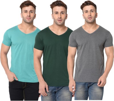 Adorbs Self Design, Solid Men V Neck Dark Green, Grey, Light Green T-Shirt