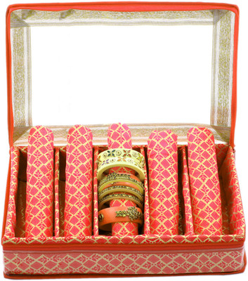 KUBER INDUSTRIES Brocade Hardboard Five Rod Bangle Box (Orange) - CTKTC22972 Make Up Vanity Box(Orange)