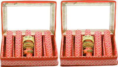 KUBER INDUSTRIES Brocade Hardboard 2 Pieces Five Rod Bangle Box (Orange) - CTKTC22974 Make Up Vanity Box(Orange)