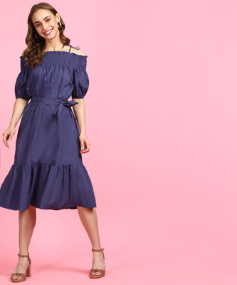 Insua Women Drop Waist Dark Blue Below Knee Dress