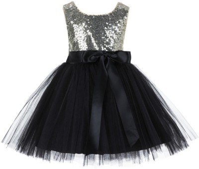 Wow princess Girls Midi/Knee Length Festive/Wedding Dress(Black, Sleeveless)