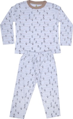 KABOOS Kids Nightwear Boys & Girls Printed Cotton Blend(White Pack of 1)