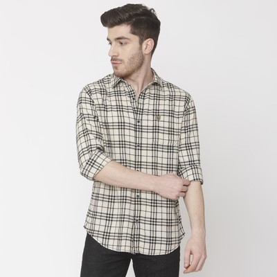 mufti-men-checkered-casual-beige-shirt