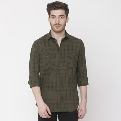 mufti-men-checkered-casual-dark-green-shirt