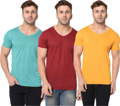 Jangoboy Solid Men V Neck Light Blue, Maroon, Yellow T-Shirt