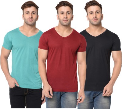 Adorbs Solid Men V Neck Maroon, Black, Light Green T-Shirt