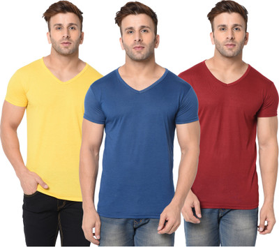 Adorbs Solid Men V Neck Dark Blue, Maroon, Yellow T-Shirt