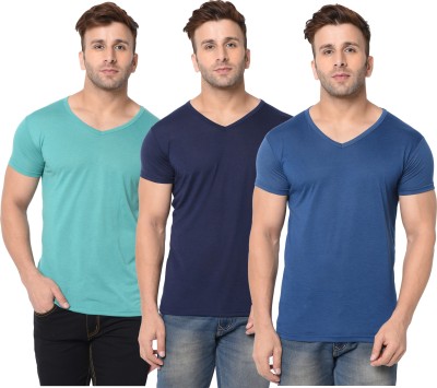 Jangoboy Solid Men V Neck Dark Blue, Light Green T-Shirt