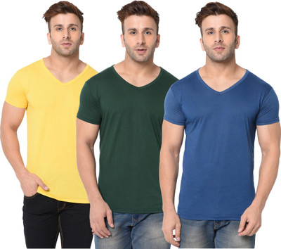 Jangoboy Solid Men V Neck Dark Blue, Dark Green, Yellow T-Shirt