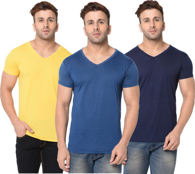 Jangoboy Solid Men V Neck Dark Blue, Blue, Yellow T-Shirt