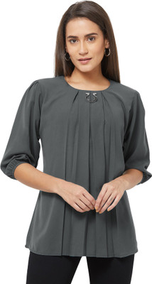 GO.4.IT Casual 3/4 Sleeve Solid Women Grey Top