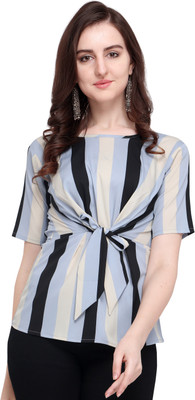 Clothzy Casual Regular Sleeve Striped Women White Top