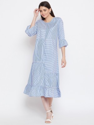 BITTERLIME Women Drop Waist Blue, White Dress