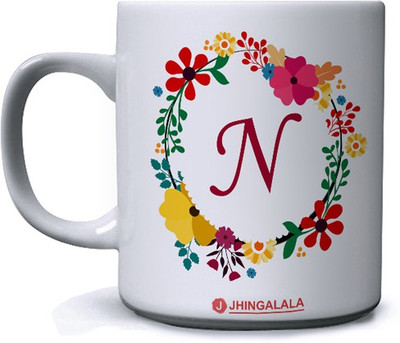 Jhingalala Floral Designed Letter N Printed Ceramic Coffee Mug(350 ml)