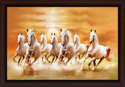 Masstone Lucky Seven Running Horses Vastu UV Matt Textured Framed Digital Reprint 14 inch x 20 inch Painting(With Frame)